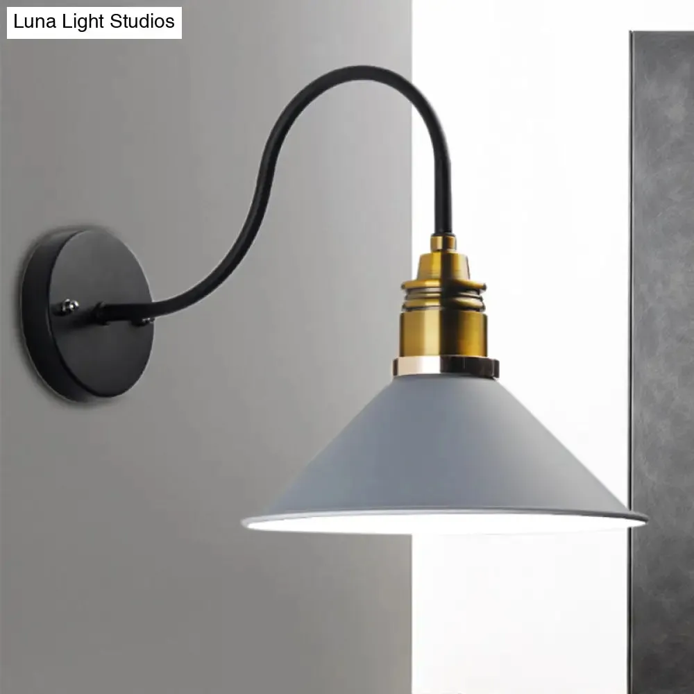 Industrial Metal Cone Pendant Light - Bronze/Black/White Hanging Lamp with Curved Arm