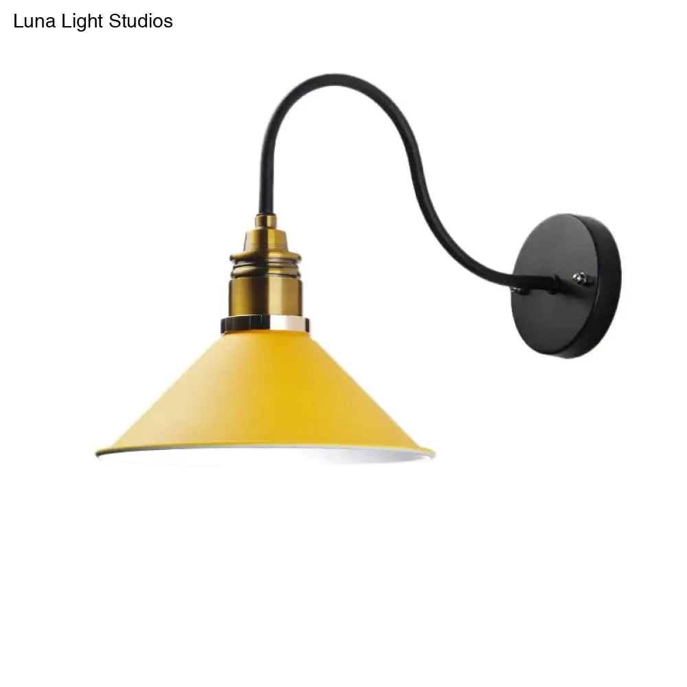 Industrial Metal Cone Pendant Light - Bronze/Black/White Hanging Lamp with Curved Arm