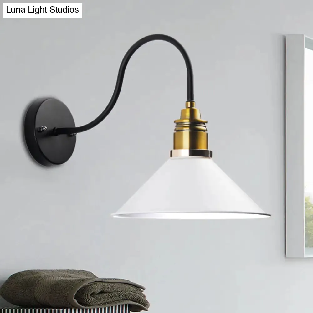 Industrial Metal Cone Pendant Light - Bronze/Black/White Hanging Lamp with Curved Arm