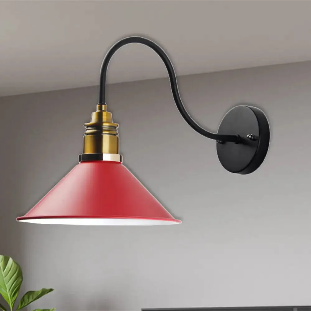 Industrial Metal Cone Pendant Light - Bronze/Black/White Hanging Lamp with Curved Arm