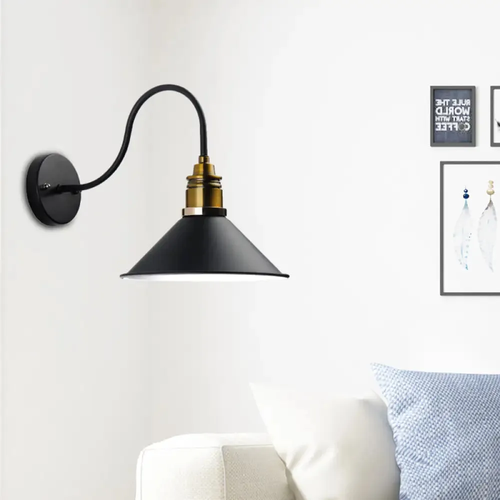 Industrial Metal Cone Pendant Light - Bronze/Black/White Hanging Lamp with Curved Arm