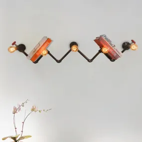 Industrial Style Wall Sconce with 5 Open Bulb Lights and Book Shelf Design in Black Metal