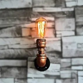 Industrial Water Pipe Wall Lamp in Rust for Garage with Single Bulb Sconce