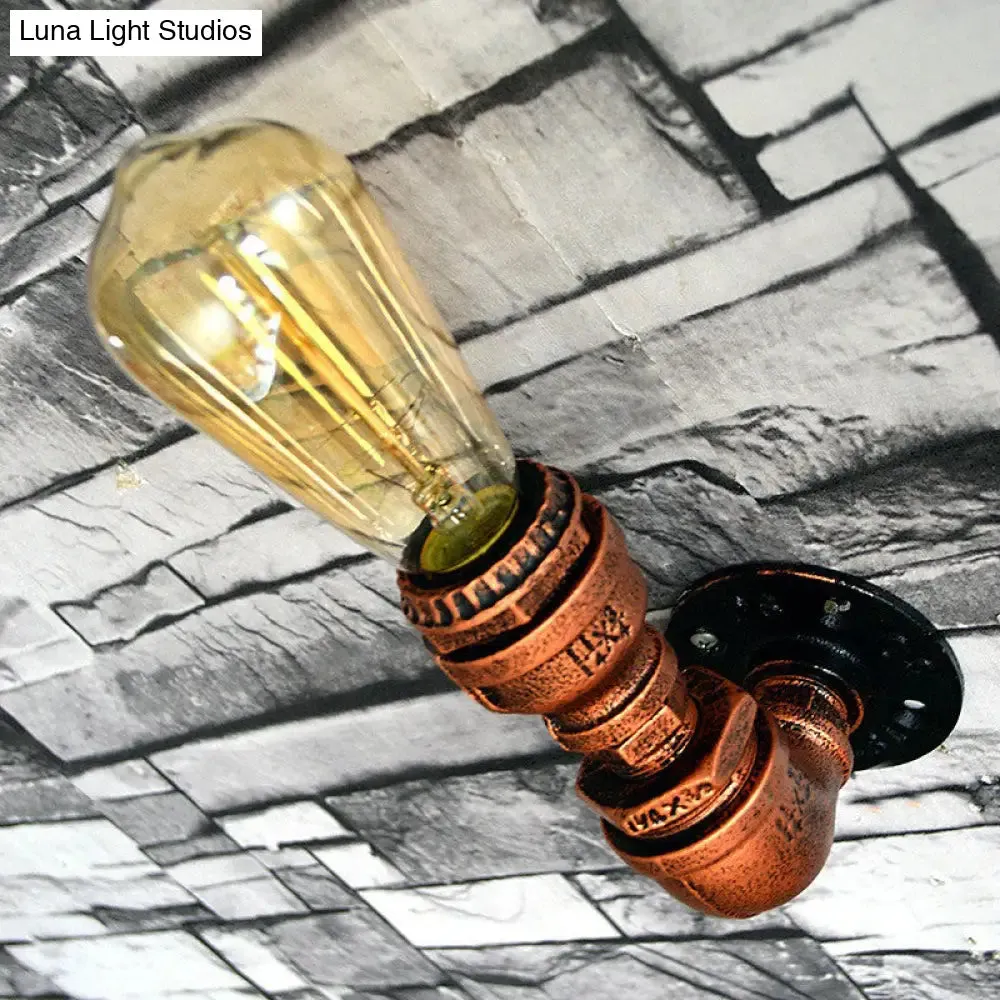 Industrial Water Pipe Wall Lamp in Rust for Garage with Single Bulb Sconce