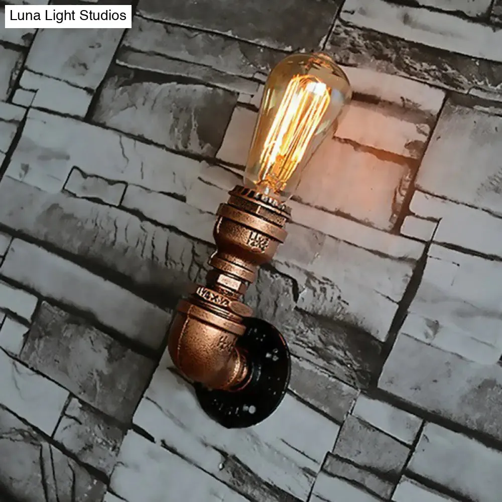 Industrial Water Pipe Wall Lamp in Rust for Garage with Single Bulb Sconce