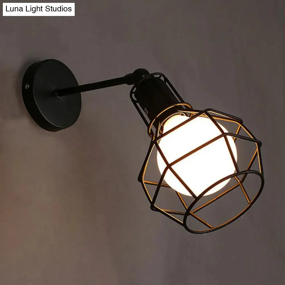 Iron Caged Wall Light – Retro Style 1 Head Wall Lighting in Black for Living Room