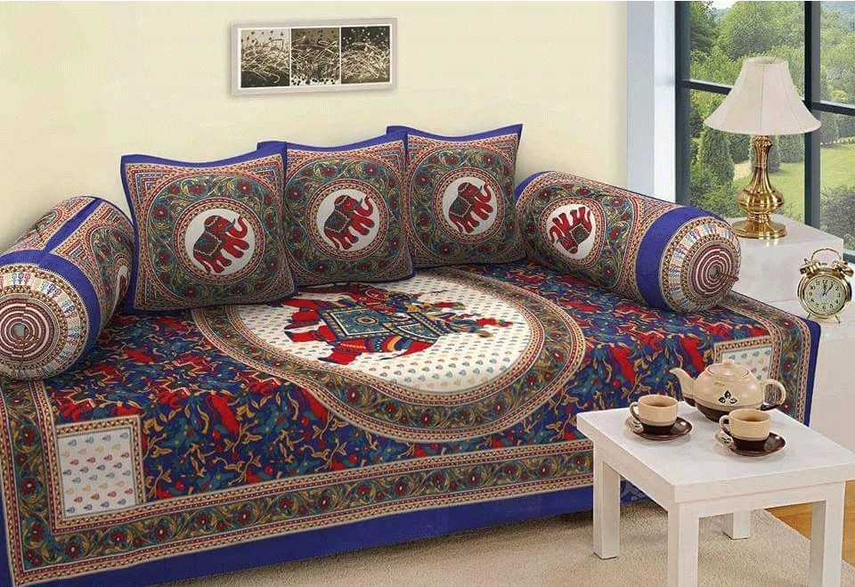 Jaipuri Design Single Bedsheet ( 100% cotton, 6pc set, Diwan set )