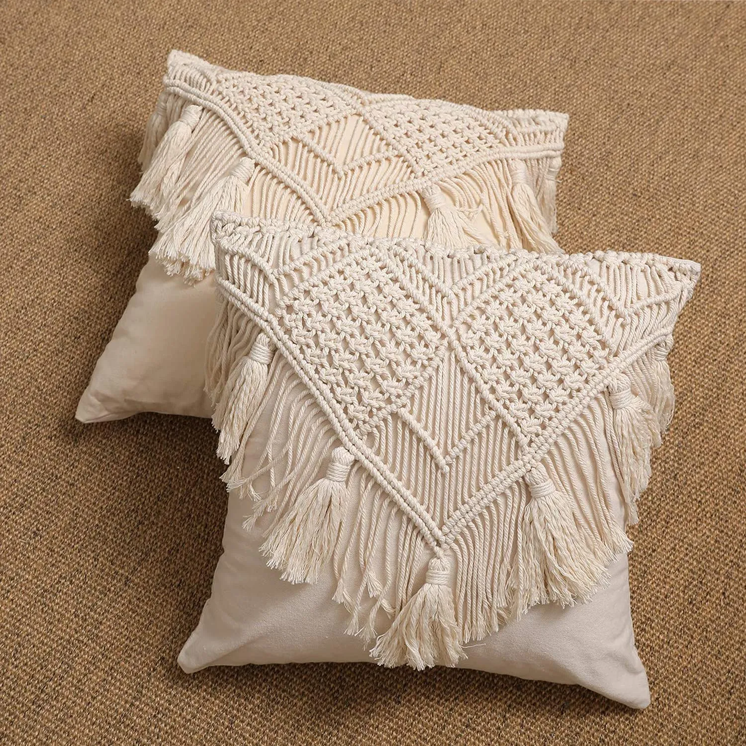 Kaahira Handcrafted Bohemian Cotton Macrame Square Cushion Cover Throw Pillowcases Boho Decors For Sofa Couch Bed Living Room - 1 Pcs Decorative And Comfy Pillow Case (16X16, Cream), 1 TC