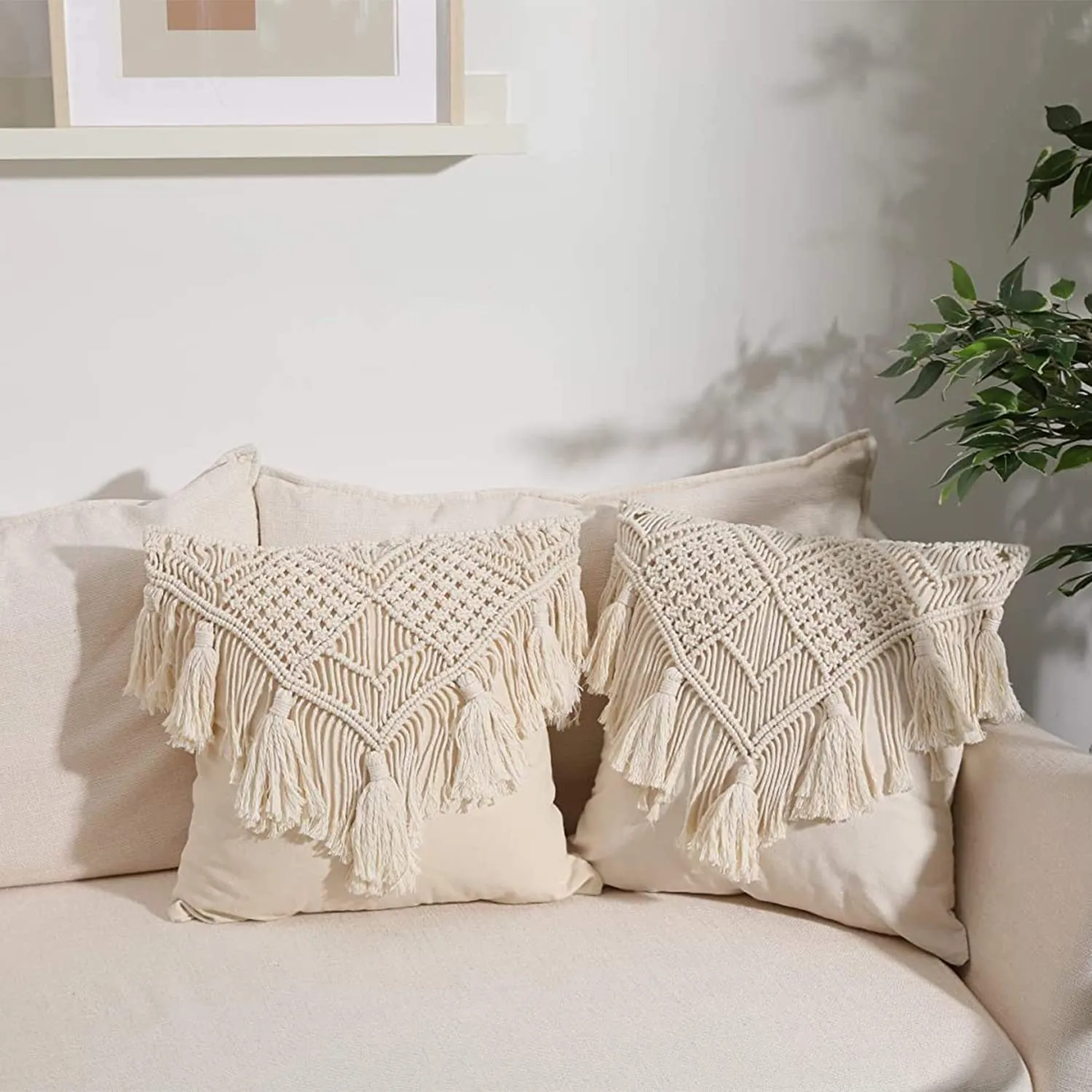 Kaahira Handcrafted Bohemian Cotton Macrame Square Cushion Cover Throw Pillowcases Boho Decors For Sofa Couch Bed Living Room - 1 Pcs Decorative And Comfy Pillow Case (16X16, Cream), 1 TC