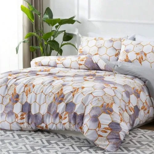 King Size 6 pieces, ﻿White with Purple Marble Design Bedding set.