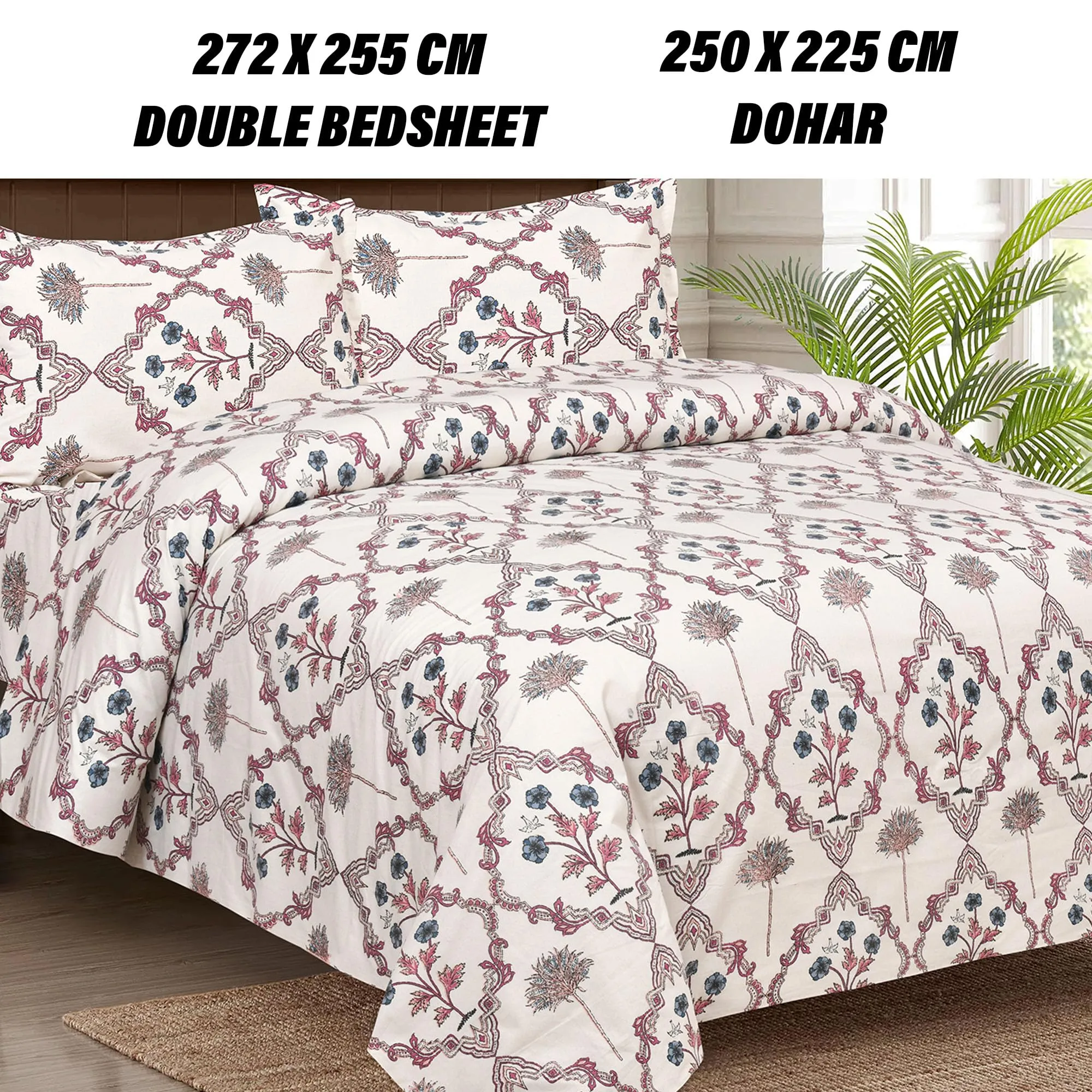 Kuber Industries Dohar Set | 1 Piece Double Bedsheet with 2 Pillow Cover & Dohar Combo Set | Bedsheet & AC Blanket Set for Bedroom | Comforter | Quilt | Pushpa Flower Star | Set of 4 | Pink