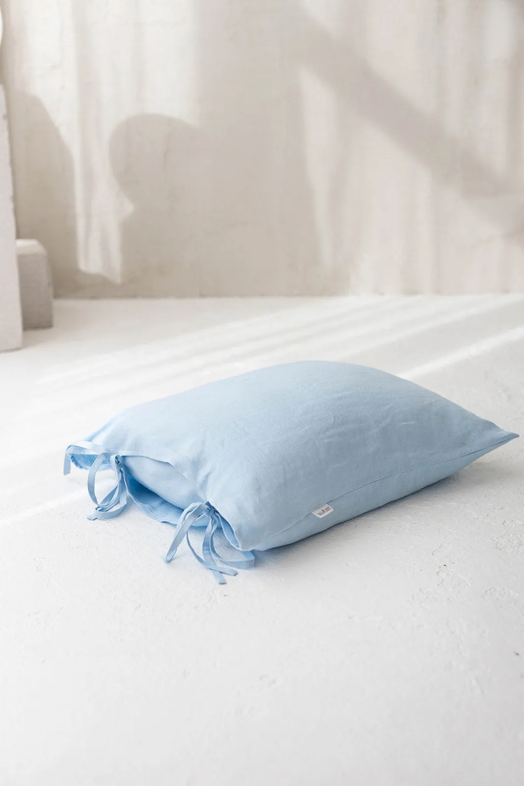 Linen Pillowcase With Ties In Sky Blue