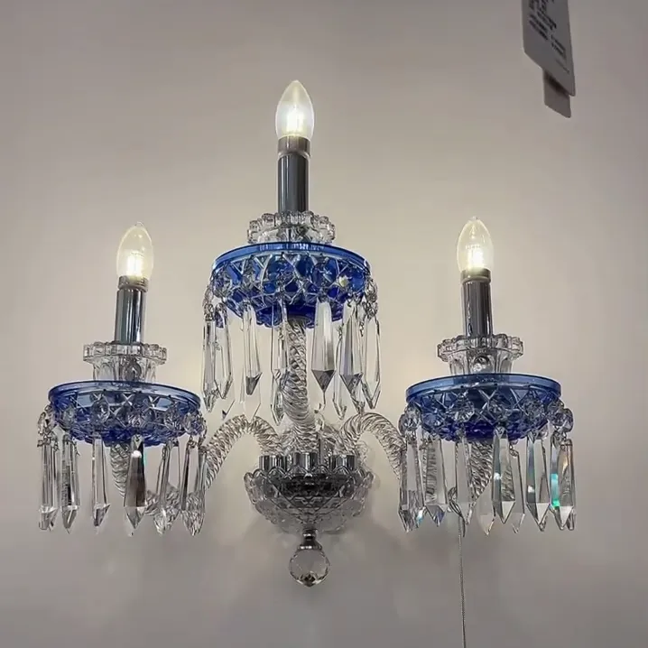 Luxury 3-Candle Blue Crystal Wall Light