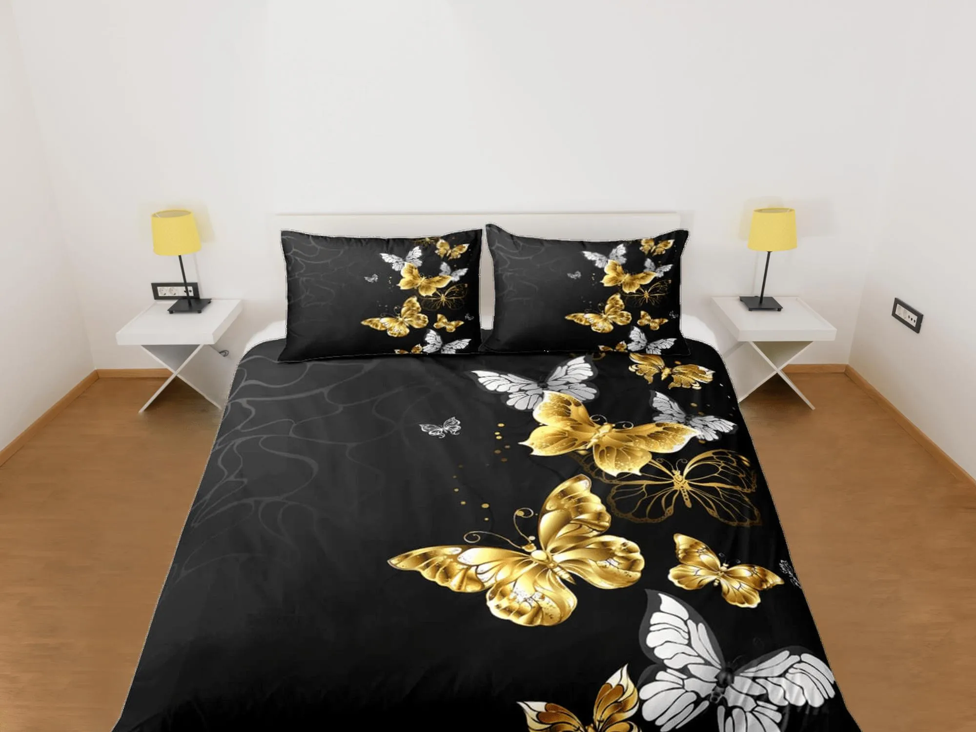 Luxury gold butterfly bedding boho chic aesthetic duvet cover, dorm bedding full size adult duvet king queen twin, nursery toddler bedding