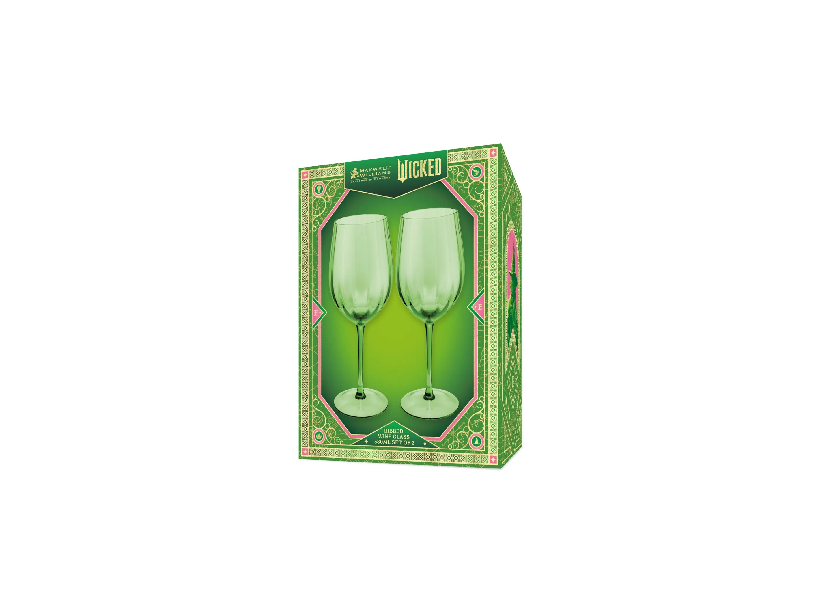 Maxwell & Williams Wicked Pink Goes Good With Green Ribbed Wine Glasses - Elphaba Set of 2