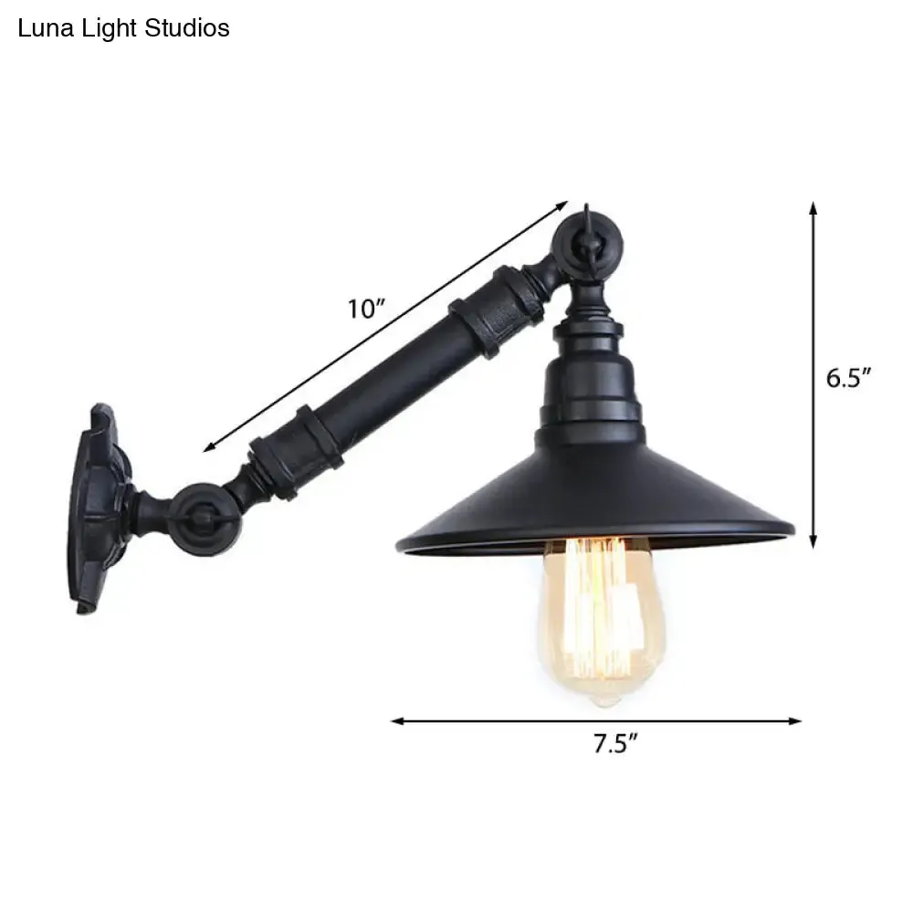 Metal Conical Wall Mounted Sconce Lamp - Retro Industrial Style, Adjustable Arm, 1-Head, Black