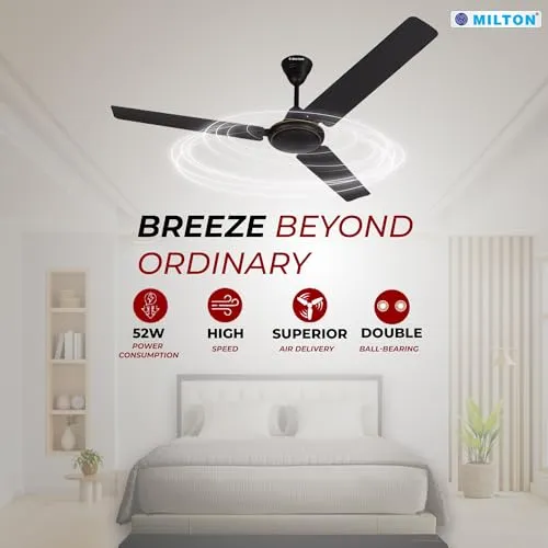 MILTON Brezza 1200 MM (48”) Star Rated Energy Saving Ceiling Fan for Homes | Noiseless Operation | 400 RPM I High Air Delivery | Double Ball-Bearing (Black, Pack of 1)