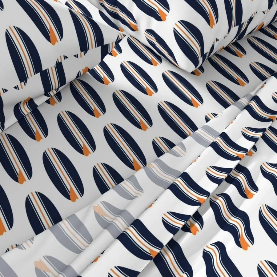 Navy Blue and Orange Classic Surfboards Sheet Set from Surfer Bedding™️ Medium Scale