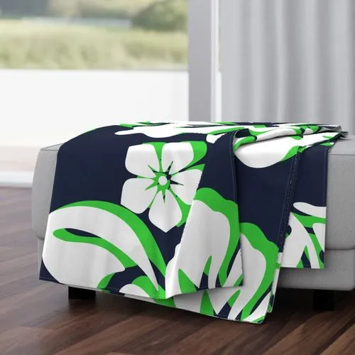 Navy Blue, Lime Green and White Hibiscus and Hawaiian Flowers Minky Throw Blanket