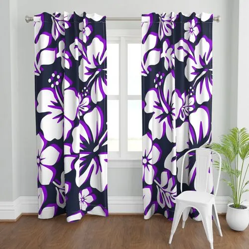 Navy Blue, White and Purple Hibiscus and Hawaiian Flowers Duvet Cover -Large Scale