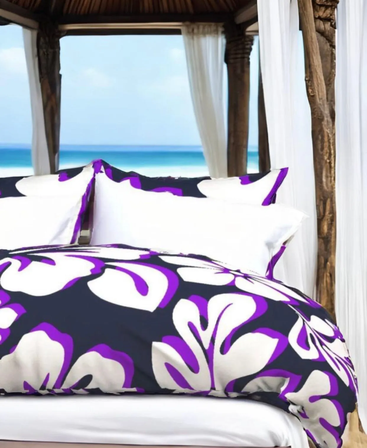 Navy Blue, White and Purple Hibiscus and Hawaiian Flowers Duvet Cover -Large Scale