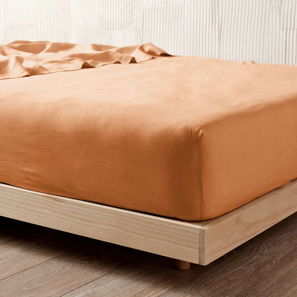 Nimes Pure Linen FITTED SHEET Terracotta by Linen House