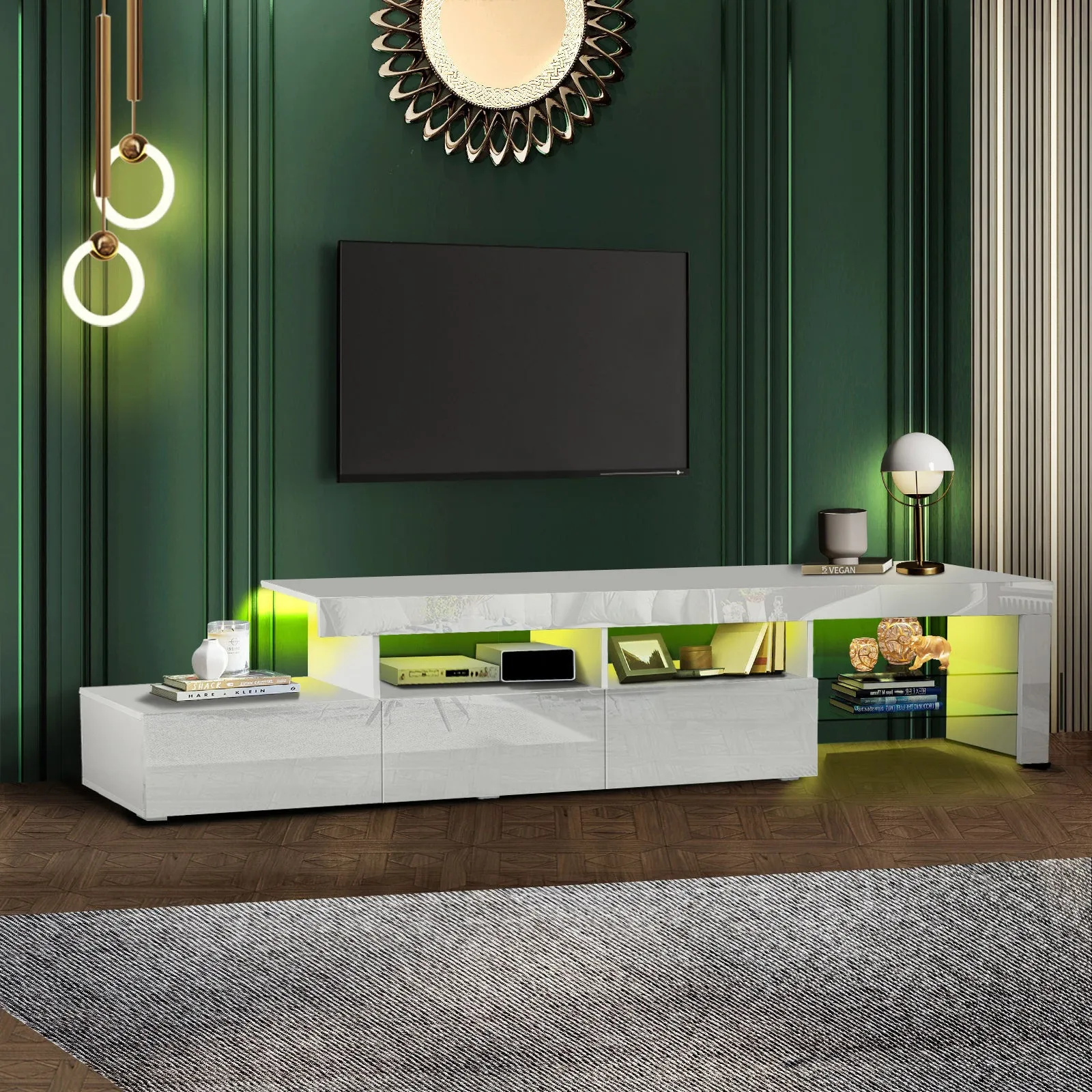 Oikiture TV Stand Cabinet LED Entertainment Unit Gloss Wooden 3 Drawers White