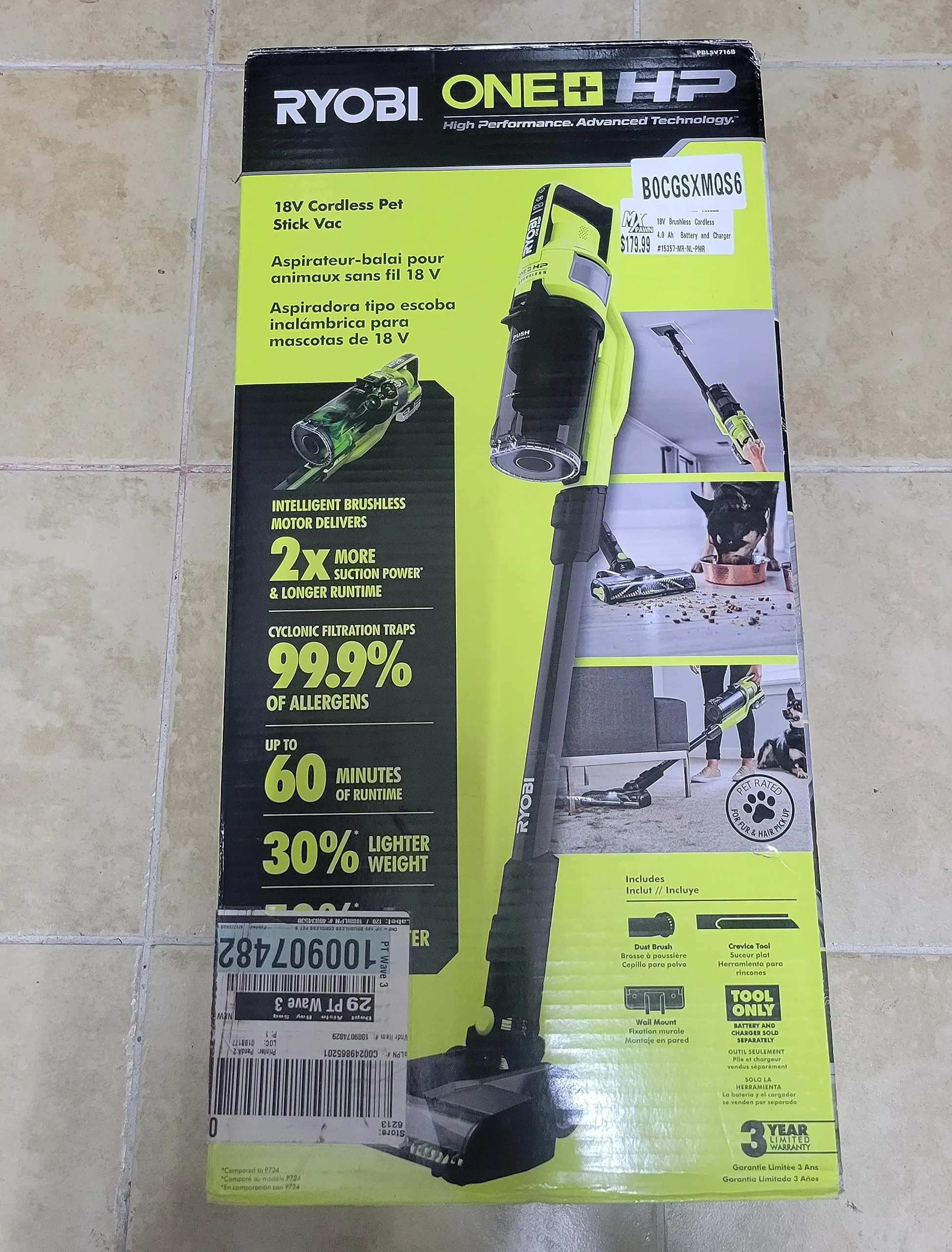 Open Box -  RYOBI ONE  HP 18V Brushless Cordless Pet Stick Vacuum Cleaner (Tool Only)