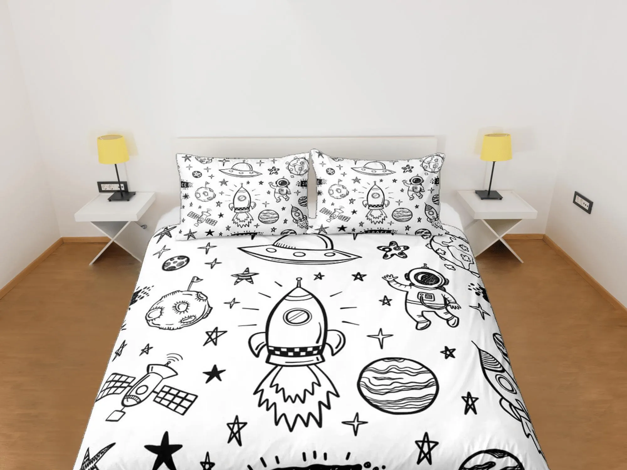 Outer space doodle duvet cover set for kids, galaxy bedding set full, king, queen, astronomy science dorm bedding, toddler bedding aesthetic