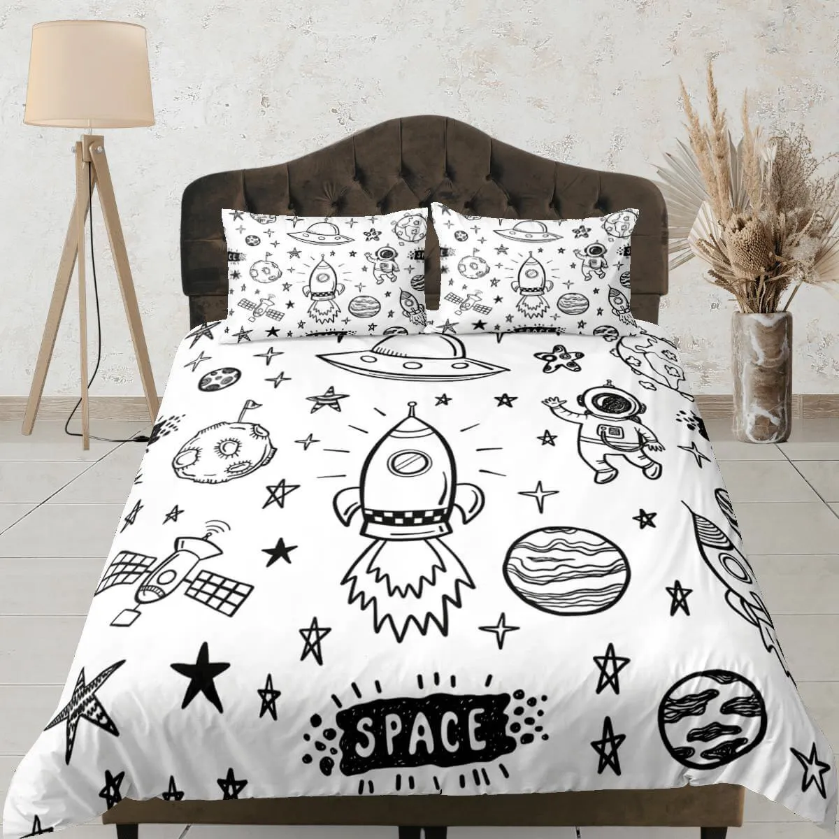 Outer space doodle duvet cover set for kids, galaxy bedding set full, king, queen, astronomy science dorm bedding, toddler bedding aesthetic