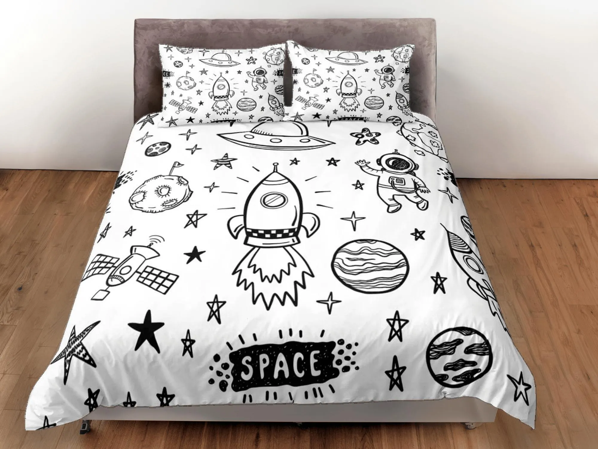 Outer space doodle duvet cover set for kids, galaxy bedding set full, king, queen, astronomy science dorm bedding, toddler bedding aesthetic