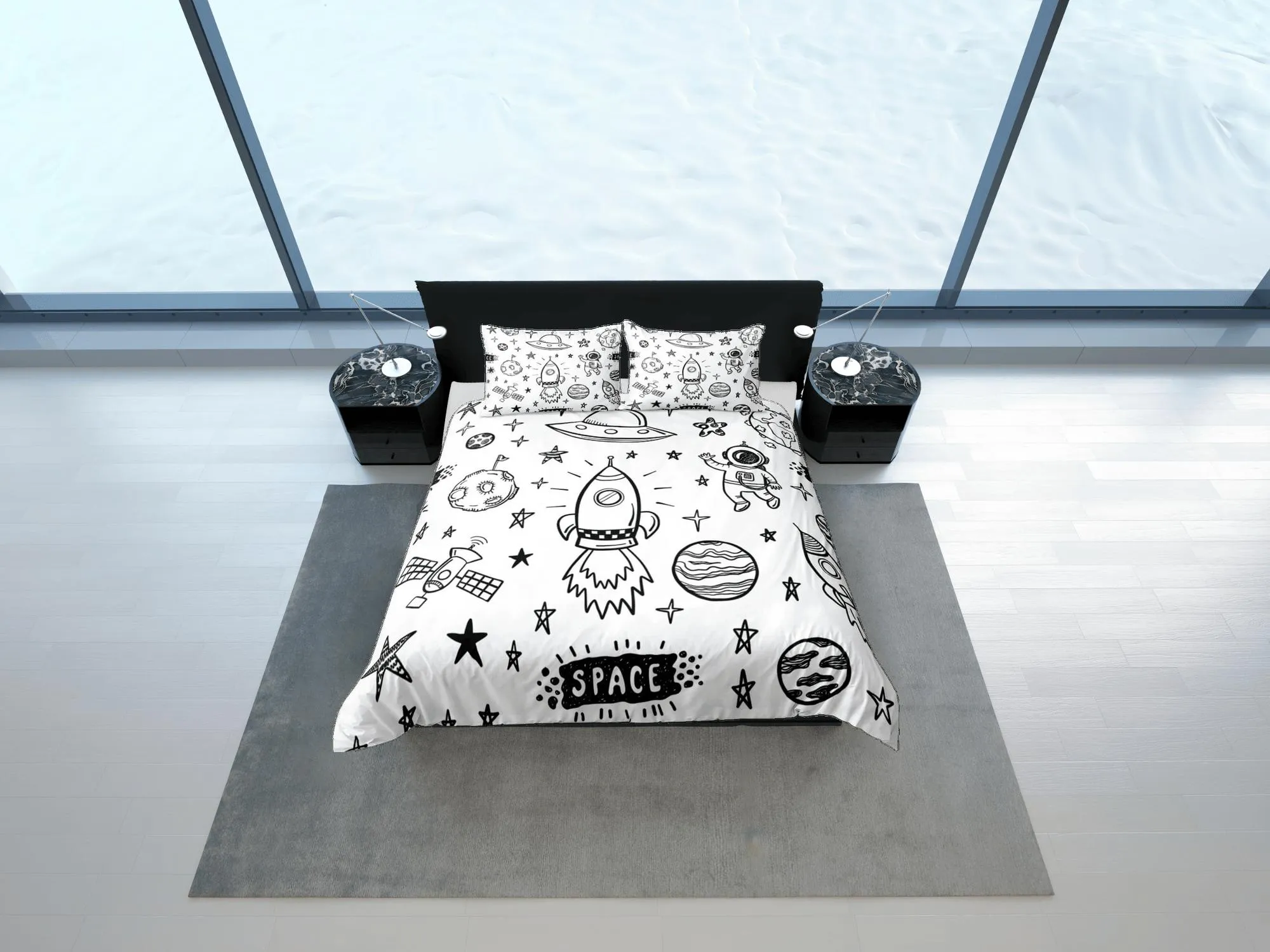 Outer space doodle duvet cover set for kids, galaxy bedding set full, king, queen, astronomy science dorm bedding, toddler bedding aesthetic