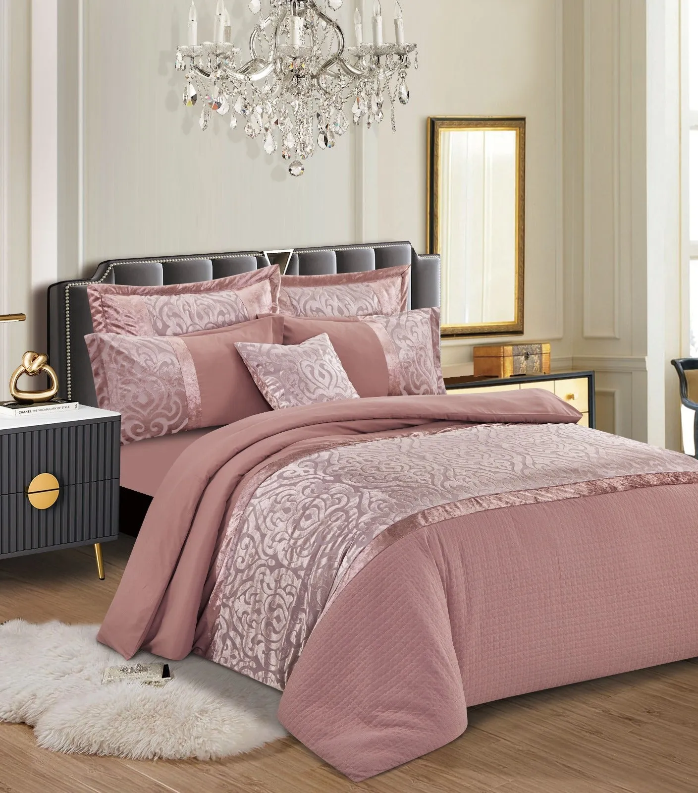 Pink Crushed Velvet Duvet Cover Set with 2 Pillowcases – Soft and Elegant Bed Quilt Cover