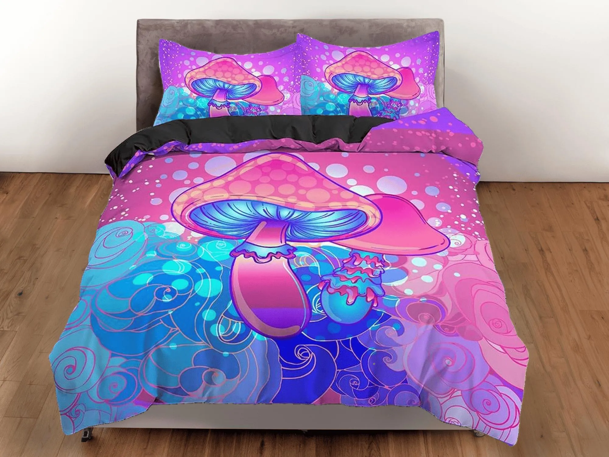 Psychedelic blue pink duvet cover hippie mushroom bedding set full, queen king, preppy dorm bedding indie room decor aesthetic bedspread y2k