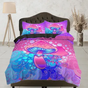 Psychedelic blue pink duvet cover hippie mushroom bedding set full, queen king, preppy dorm bedding indie room decor aesthetic bedspread y2k