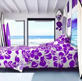 Purple Hawaiian Flowers on White Sheet Set from Surfer Bedding™️ Medium Scale