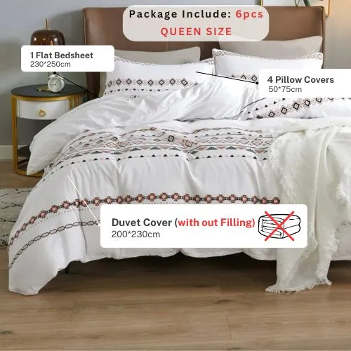 Queen/Double Size 6 Pieces Bedding Set Without Filler, White Color Simple Elegant Design