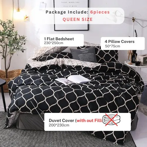 Queen/Double size bedding set of 6 pieces, Black Geometric design.