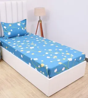 RD TREND Presents Luxurious Glace Cotton Super Soft 210 TC Single Size (48 x 72 x 8 Inch) 360° Elastic Fitted Bedsheet with 1 Pillow Cover, Color- Blue Pattern-Floral