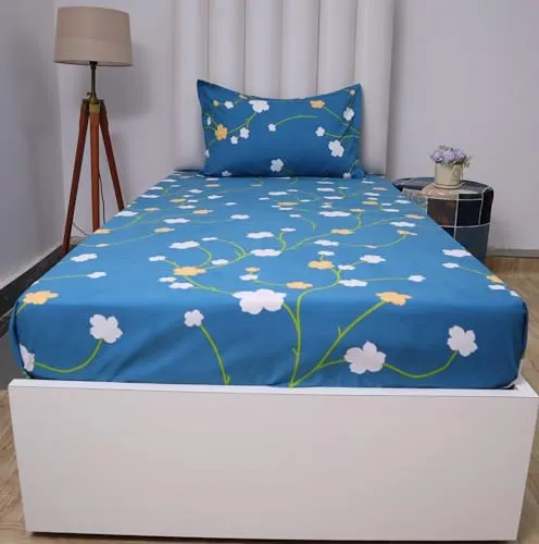 RD TREND Presents Luxurious Glace Cotton Super Soft 210 TC Single Size (48 x 72 x 8 Inch) 360° Elastic Fitted Bedsheet with 1 Pillow Cover, Color- Blue Pattern-Floral