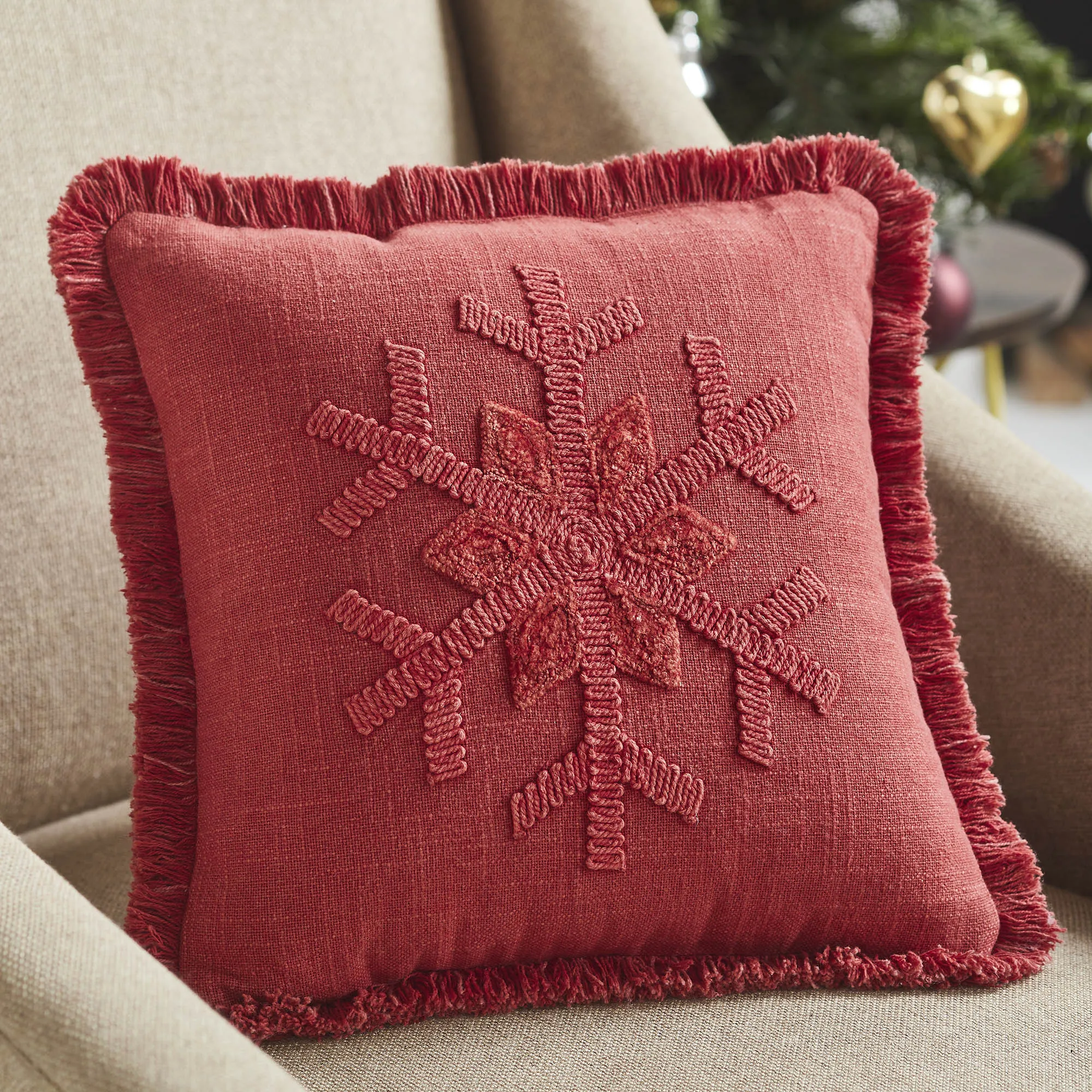 Red Snowflake Stone Washed Fringed Pillow 12x12