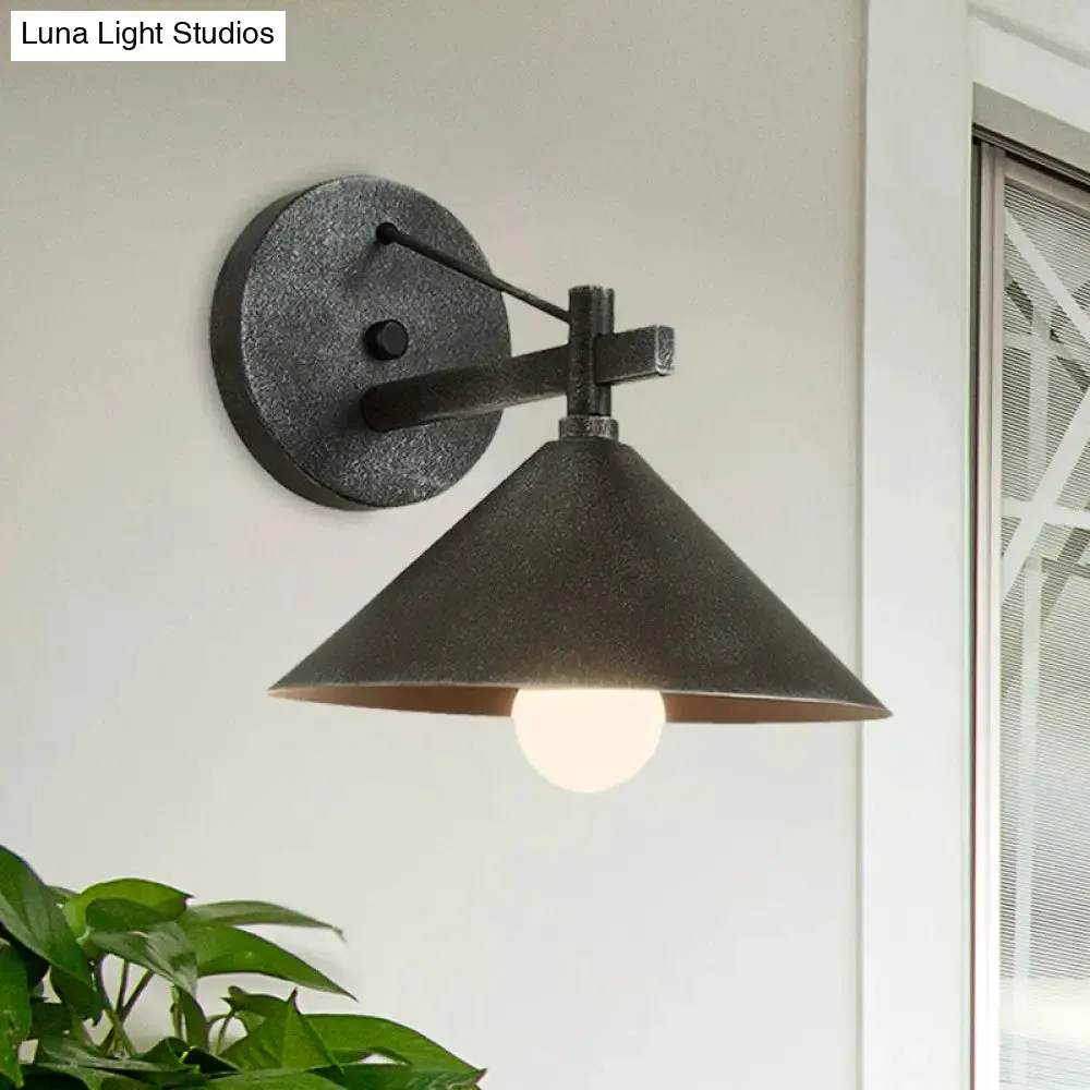 Retro Conical Wall Mount Lamp: Single Light Metal Wall Lighting in Matte Black/Brass/Aged Silver