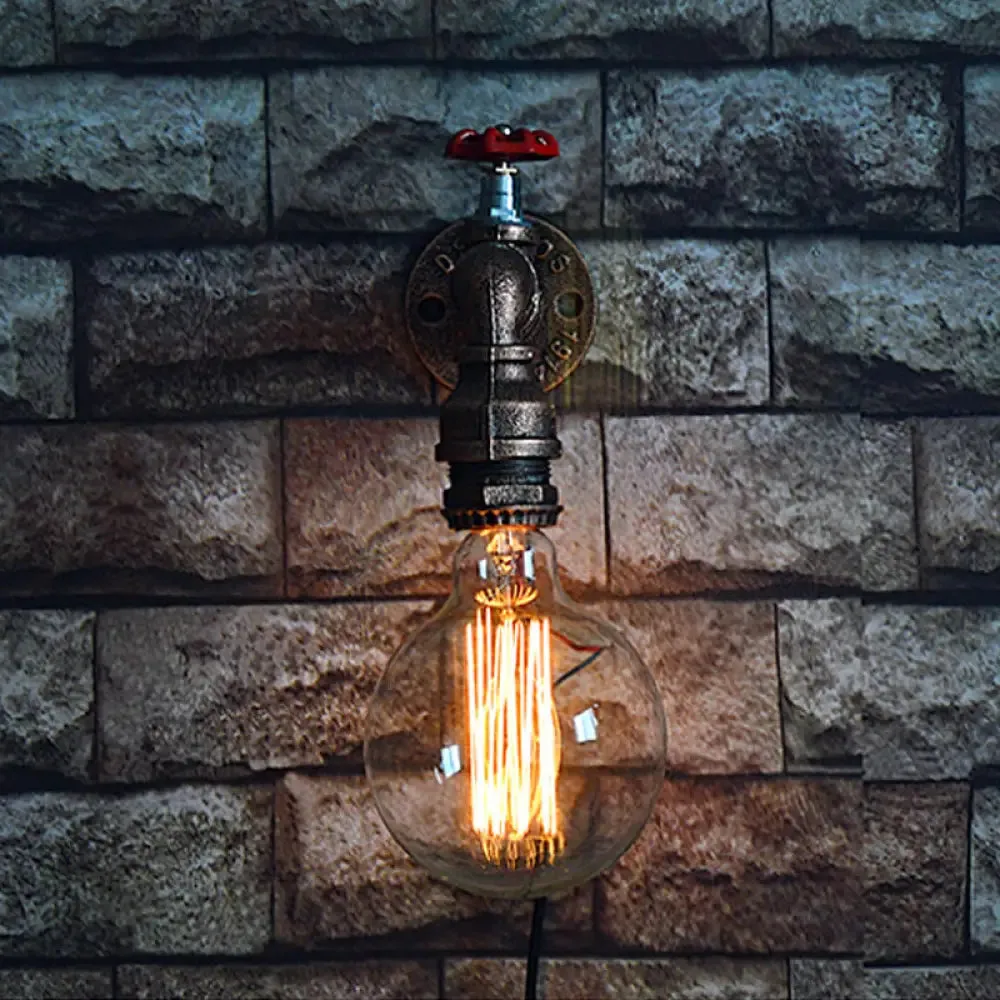 Rustic Copper Piped Wall Lamp - Decorative Gauge/Valve Design - 1 Light - Living Room Wall Mount