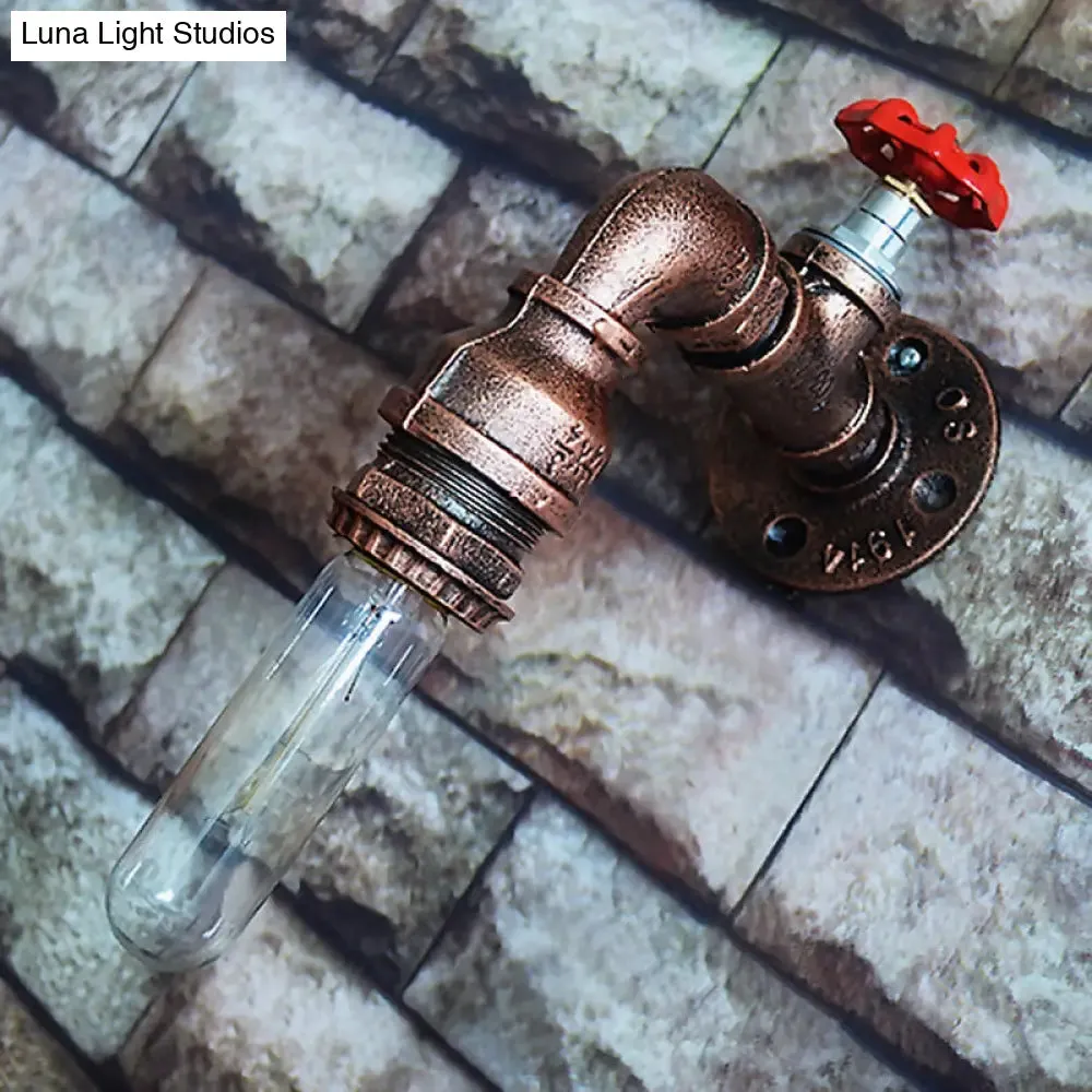 Rustic Copper Piped Wall Lamp - Decorative Gauge/Valve Design - 1 Light - Living Room Wall Mount