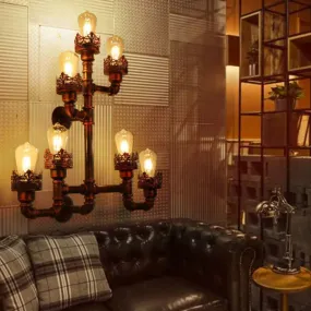 Rustic Weathered Copper Pipe Wall Lamp with Stylish Iron Design and 7 Lights - Ideal for Restaurants - with/without Cylinder Shade