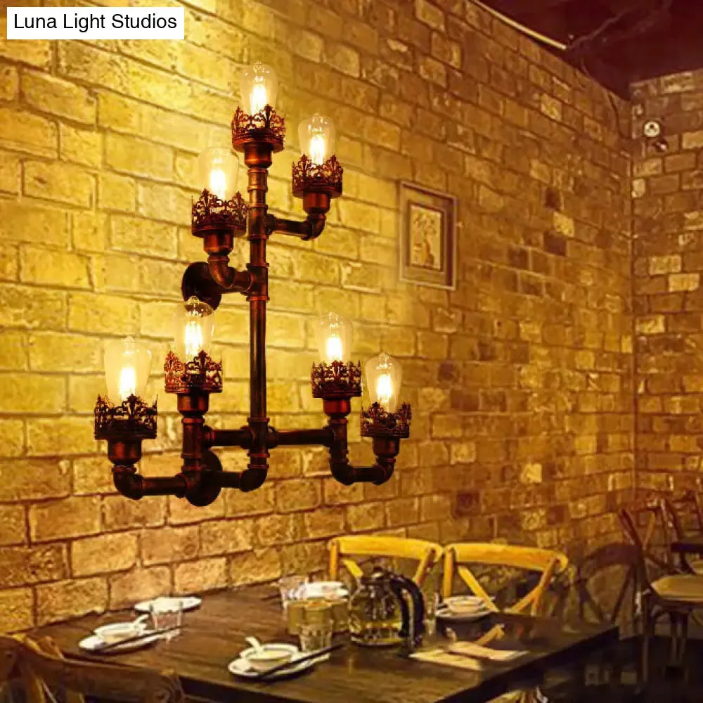 Rustic Weathered Copper Pipe Wall Lamp with Stylish Iron Design and 7 Lights - Ideal for Restaurants - with/without Cylinder Shade