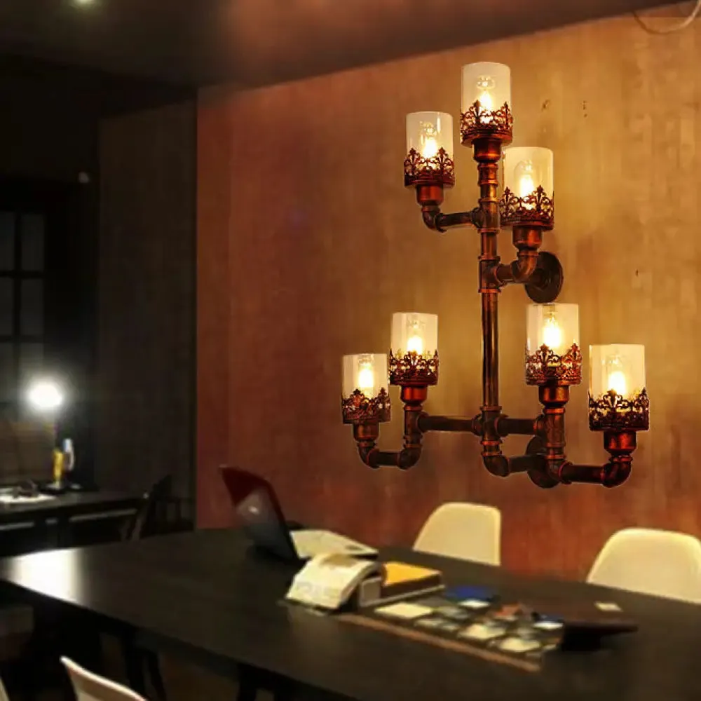 Rustic Weathered Copper Pipe Wall Lamp with Stylish Iron Design and 7 Lights - Ideal for Restaurants - with/without Cylinder Shade