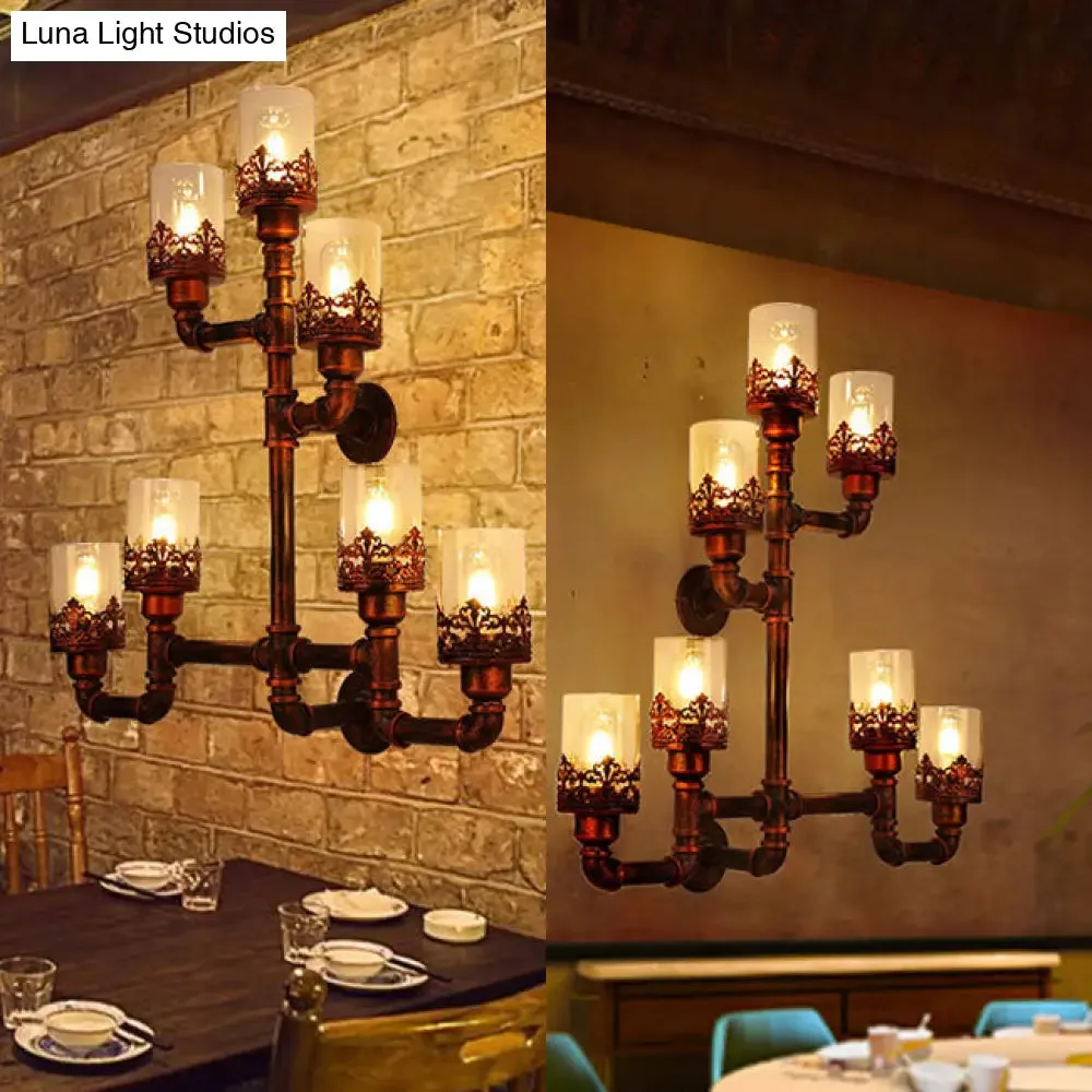 Rustic Weathered Copper Pipe Wall Lamp with Stylish Iron Design and 7 Lights - Ideal for Restaurants - with/without Cylinder Shade