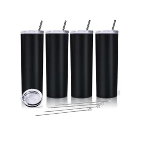 Set of 4 Slim Glasses | With Slim Stainless Steel Straw | Double-Walled With Cover | 20 Oz Color Matte Black