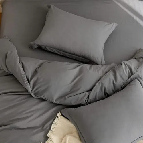 Single Size 4 Pieces Bedding Set, Washable Cotton Dark Gray Color.